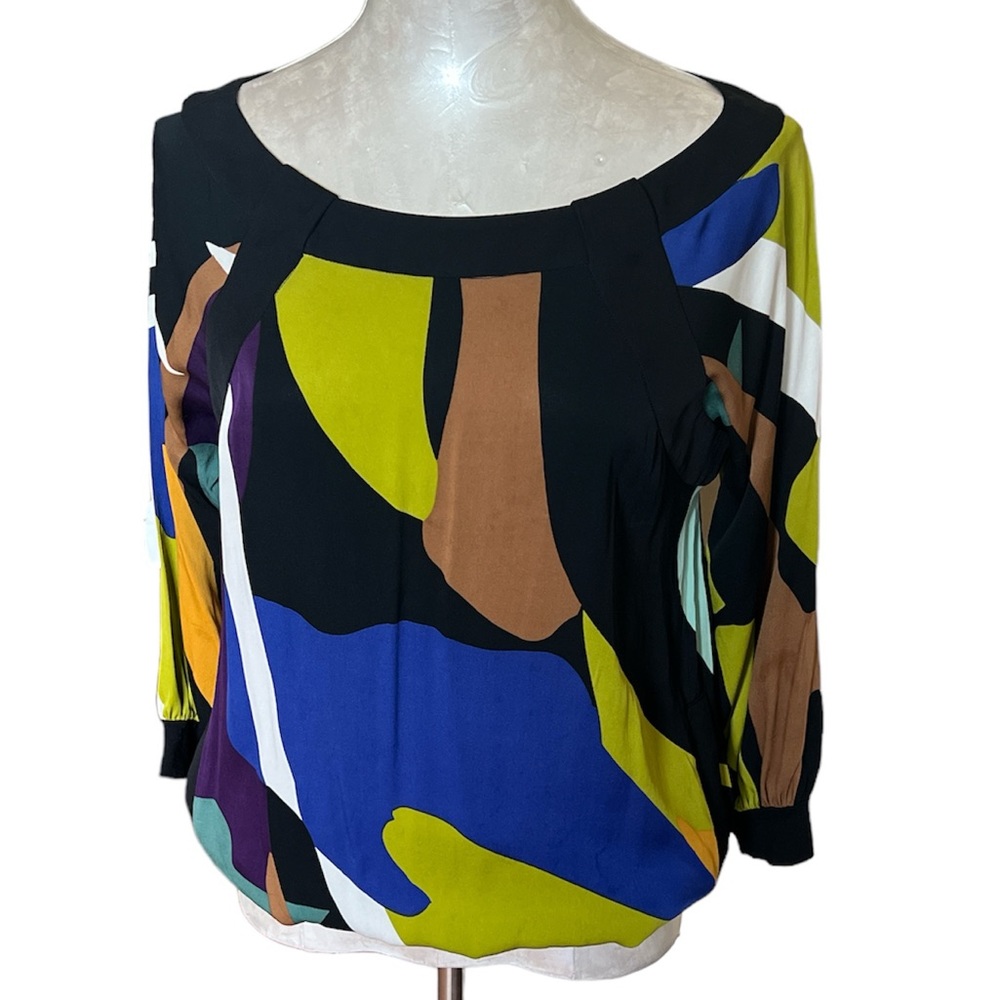 Diane von Furstenberg Silk Blend Abstract Print Blouse Colorful 3/4 Sleeve size4